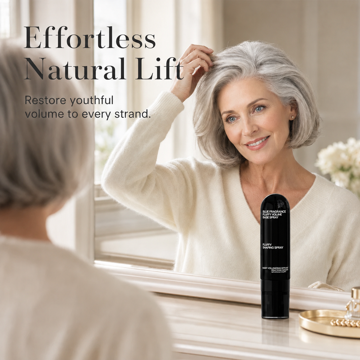 Woman with soft, lifted hair using Fluffy Volume Spray during her morning routine